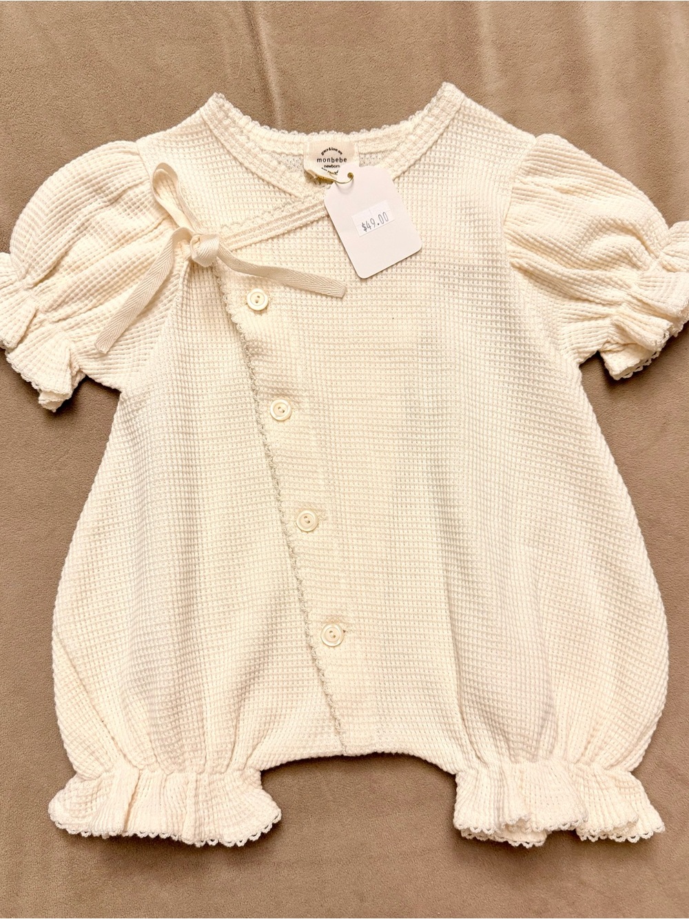 NWT Monbebe Baby Girl Cream Waffle Glory Suit Kimono Bubble Romper 0-3 Months